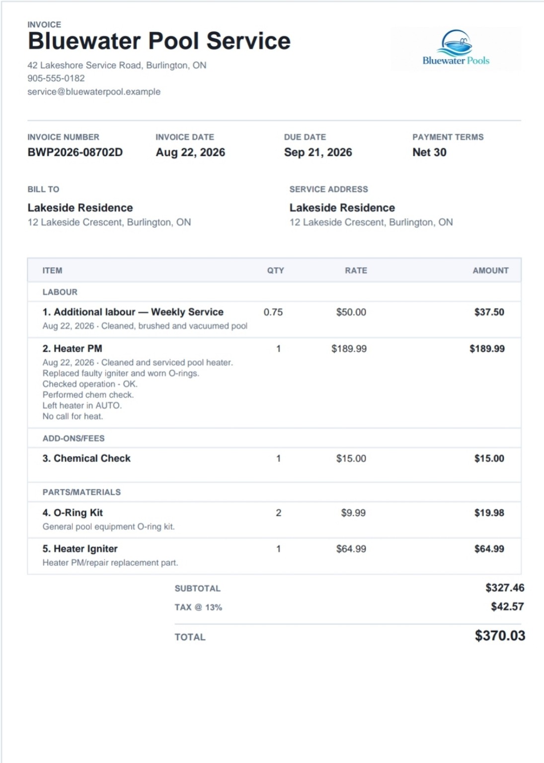 Vantis invoice showing labour, fees, parts, tax, and the total