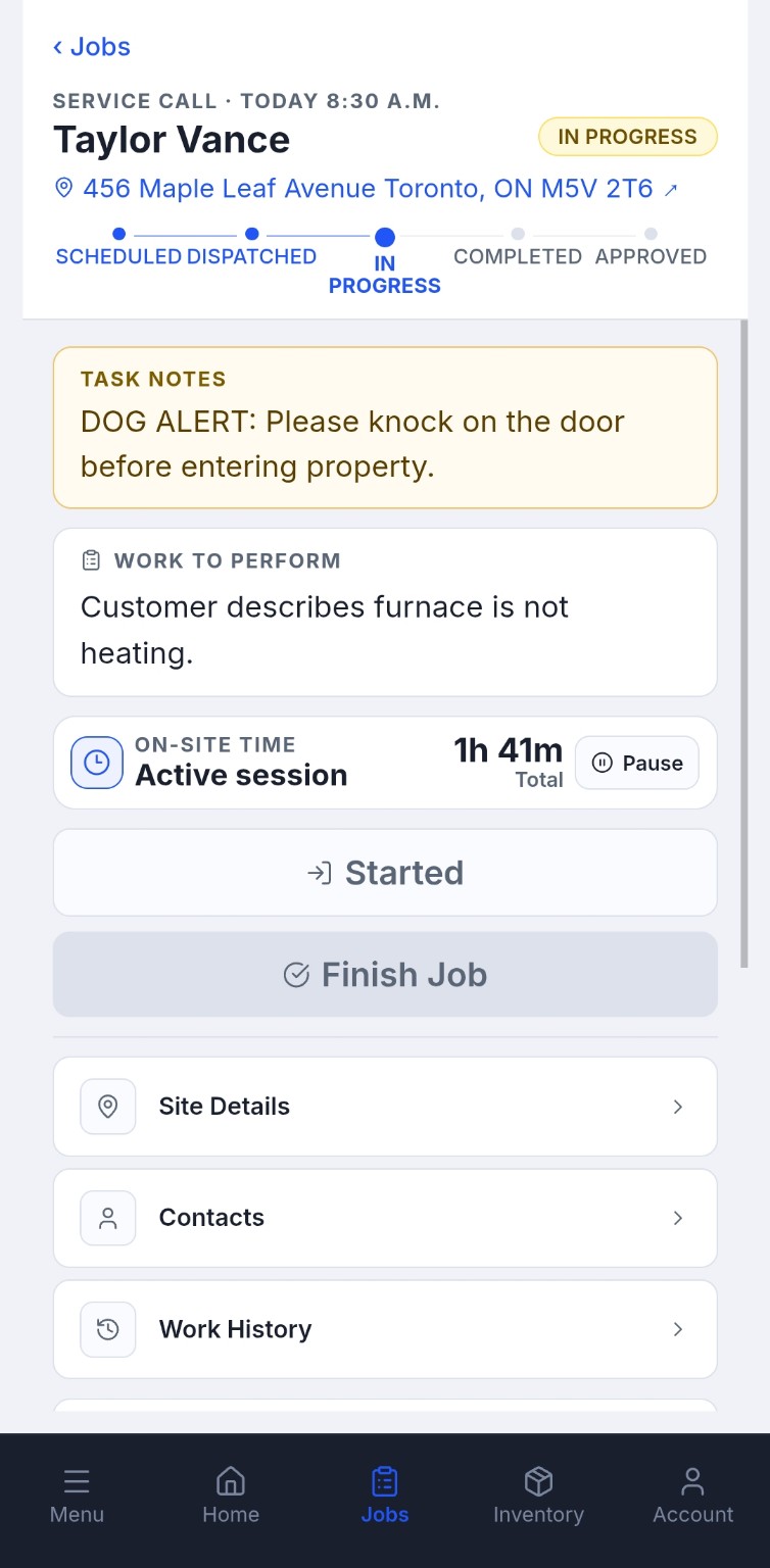 Vantis mobile job screen showing notes, job details, and time on site