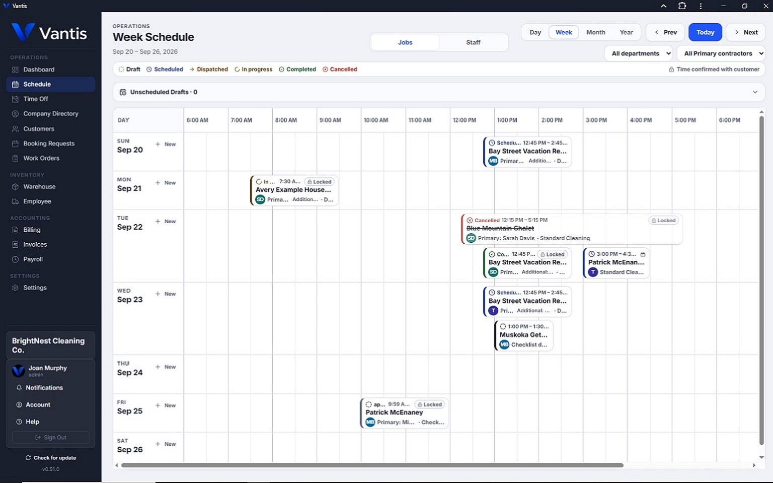 Vantis weekly schedule showing job status, department filters, and assigned crews